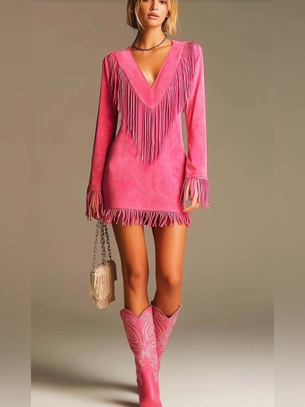 Pink Fringe Suede Mini Dress - Faux Suede V-Neck